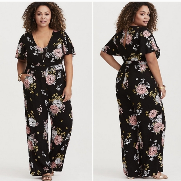torrid Pants - Torrid Black Floral Print V-Neck Wide-Leg Jumpsuit
